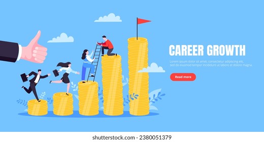 Business mentor helps improve career and money stacks growing. He holds stairs steps vector illustration. Mentorship, upskills, climb help self development strategy flat style design business concept.