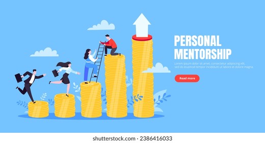 Business mentor helps improve career and money stacks growing. He holds stairs steps vector illustration. Mentorship, upskills, climb help self development strategy flat style design business concept.