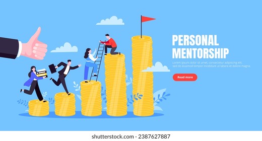 Business mentor helps improve career and money stacks growing. He holds stairs steps vector illustration. Mentorship, upskills, climb help self development strategy flat style design business concept.