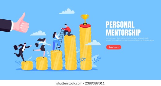 Business mentor helps improve career and money stacks growing. He holds stairs steps vector illustration. Mentorship, upskills, climb help self development strategy flat style design business concept.