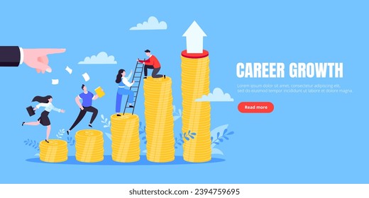Business mentor helps improve career and money stacks growing. He holds stairs steps vector illustration. Mentorship, upskills, climb help self development strategy flat style design business concept.