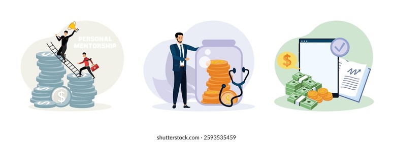 Business mentor helps improve career and money stacks growing. Suited man managing savings, symbolized by a coin jar and stethoscope. Financial elements such as currency, documents, and a check mark. 