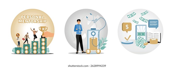 Business mentor helps improve career and money stacks growing. Businessman with coin stacks and symbols portraying financial health. Financial concepts, digital transactions, and savings management. 