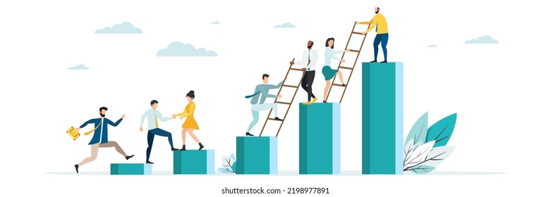 Business Mentor Helps Improve, Holding Stairs Steps, Mentorship, Upskills, Climb Help, Self Development Strategy Flat.