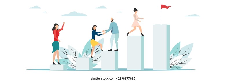business mentor helps improve, holding stairs steps, mentorship, upskills, climb help, self development strategy flat.