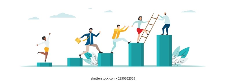 business mentor helps improve, holding stairs steps, mentorship, upskills, climb help, self development strategy flat.