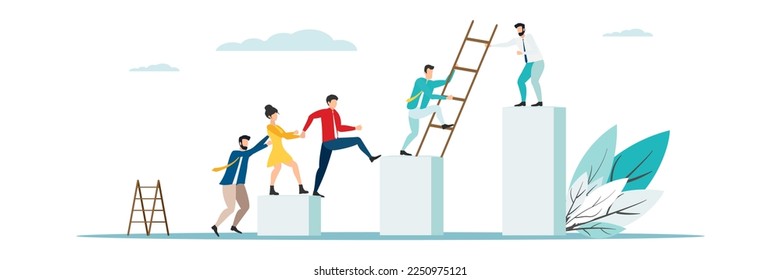 business mentor helps improve, holding stairs steps, mentorship, upskills, climb help, self development strategy flat.