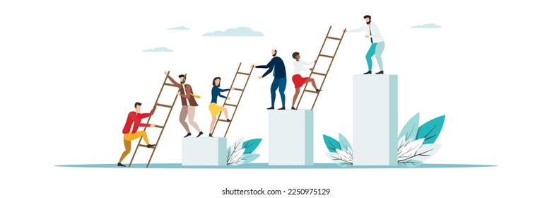 business mentor helps improve, holding stairs steps, mentorship, upskills, climb help, self development strategy flat.