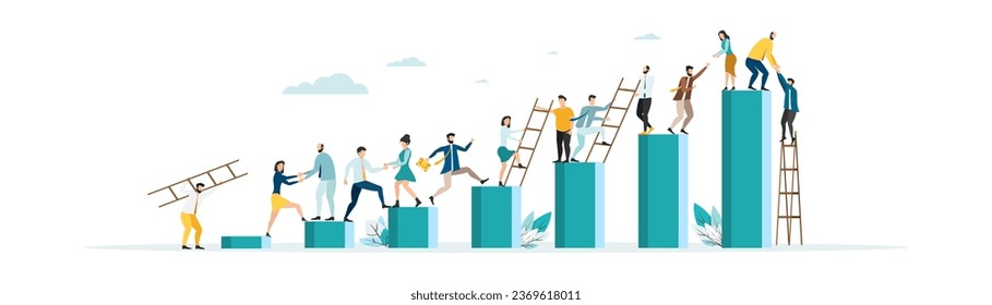 business mentor helps improve, holding stairs steps, mentorship, upskills, climb help, self development strategy flat.