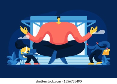 Business mentoring, coaching vector illustration. Corporate leadership, stress management, mentorship concept. Meditating businessman, wise executive manager and subordinates cartoon characters