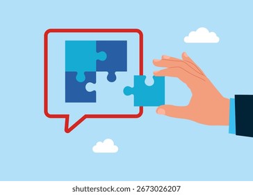 Business merger and acquisition. Teamwork and collaboration. Connect jigsaw puzzles in speech bubble. Discussion, conversation, meeting, team communication. Flat vector illustration