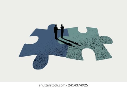 Unternehmensverschmelzung und -beschaffung, Teamwork, Business-Partner-Konzept, Handshaking auf verbundenen Puzzles.