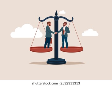 Business merger and acquisition. Two businessmen shaking hands and standing on the scales of justice. Mutual benefit and success. Flat vector illustration