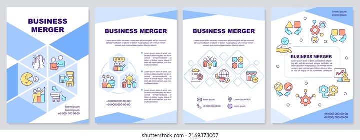 Business merger blue brochure template. Consolidation. Leaflet design with linear icons. Editable 4 vector layouts for presentation, annual reports. Arial-Black, Myriad Pro-Regular fonts used