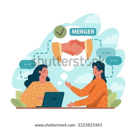 Business merger concept. Business acquisition, progress and success. Company expansion, takeover and merger. Idea of firm promotion for a new marketplace. Flat vector illustration