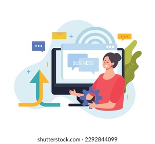 Concepto de fusión de negocios fondo plano con composición de flechas de burbujas de chat por computadora engranaje e ilustración vectorial de carácter femenino