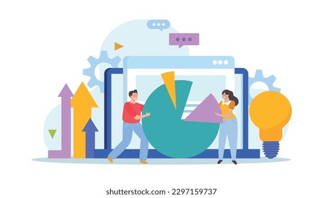 Business merger concept flat composition with male and female characters holding divided segments of radial chart vector illustration