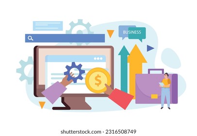 Concepto de fusión de negocios Composición plana de las manos con flechas de la caja de monedas y de la maleta de engranajes y ilustración vectorial de la pantalla del ordenador