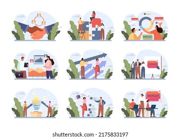 Business merger concept set. Business acquisition, progress and success. Company expansion, takeover and merger. Idea of firm promotion for a new marketplace. Flat vector illustration