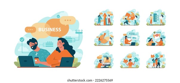 Business merger concept set. Business acquisition, progress and success. Company expansion, takeover and merger. Idea of firm promotion for a new marketplace. Flat vector illustration
