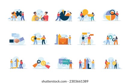 Business merger concept set of flat compositions with conceptual icons and human characters on blank background vector illustration