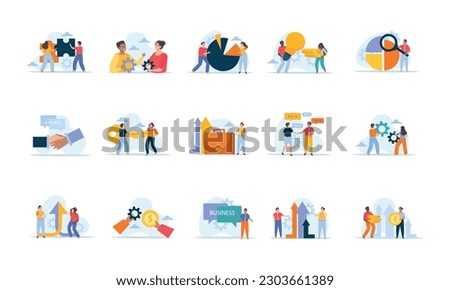 Business merger concept set of flat compositions with conceptual icons and human characters on blank background vector illustration