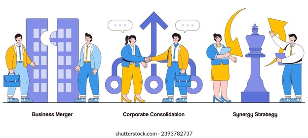 Business merger, corporate consolidation, synergy strategy concept with character. Merger synergy abstract vector illustration set. Corporate integration, synergistic approach metaphor.