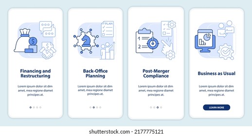 Business merger stages light blue onboarding mobile app screen. Walkthrough 4 steps editable graphic instructions with linear concepts. UI, UX, GUI template. Myriad Pro-Bold, Regular fonts used