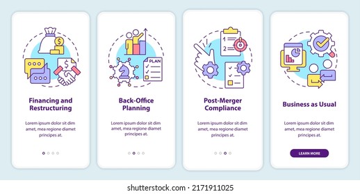 Business merger stages onboarding mobile app screen. Corporate walkthrough 4 steps editable graphic instructions with linear concepts. UI, UX, GUI template. Myriad Pro-Bold, Regular fonts used