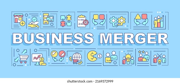 Business merger word concepts blue banner. Companies fusion. Infographics with editable icons on color background. Isolated typography. Vector illustration with text. Arial-Black font used