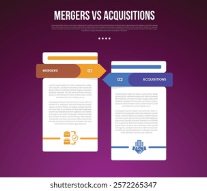 business mergers vs acquisitions infographic for comparison data with table box container with arrow opposite direction with modern dark gradient style background with 2 point information vector