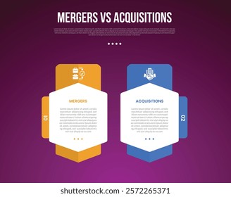 business mergers vs acquisitions infographic for comparison data with big hexagon container with round badge with modern dark gradient style background with 2 point information vector