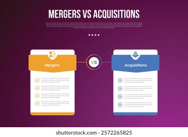 business mergers vs acquisitions infographic for comparison data with price table box badge with triangle header with modern dark gradient style background with 2 point information vector