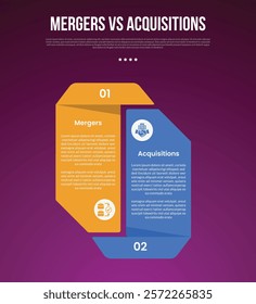 business mergers vs acquisitions infographic for comparison data with creative separate unit shape with modern dark gradient style background with 2 point information vector