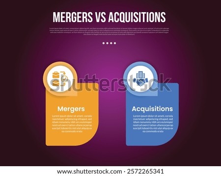 business mergers vs acquisitions infographic for comparison data with round box with circle badge on top with modern dark gradient style background with 2 point information vector