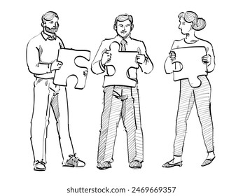 business metaphor concept of problem solving team holding piece jigsaw puzzle sketch hand drawing illustration