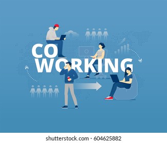 Business metaphor of coworking space. Young adult faceless vector characters in action around word CO-WORKING. Vector illustration isolated on blue background