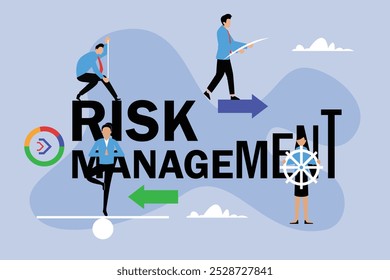 Business metaphor of financial risks precautions. Business people faceless characters in action around word RISK MANAGEMENT over digital world map 2d flat vector illustrations