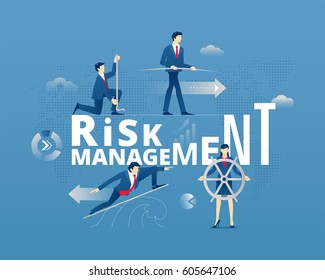 Business metaphor of financial risks precautions. Business people faceless characters in action around word RISK MANAGEMENT over digital world map. Vector illustration isolated on blue background