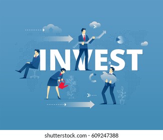 Business metaphor of investment. Businessman and businesswoman faceless characters in action around word INVEST over digital world map. Vector illustration isolated on blue background