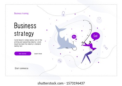 Business metaphor. 
Man catches a shark
Compare with your trade model. Commerce enterprise. Leader skills taking to a new level your company. Vector Isolated