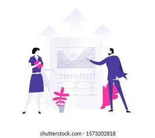 Business metaphor. 
business man in a suit and woman next to profitability charts
Compare with your trade model. Commerce enterprise. Leader skills taking to a new level your company. Isolated