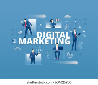 Business Metaphor Of Modern Digital Marketing. Businessmen And Businesswomen Faceless Characters In Different Movements Around Words DIGITAL MARKETING. Vector Illustration Isolated On Blue Background