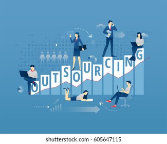 Business metaphor of remote work organization. Business people faceless characters in action around word OUTSOURCING over digital world map. Vector illustration isolated on blue background