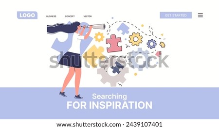 Business metaphor. Сoncept of search, research, development. Against background of puzzle pieces, gears,  young woman looks into distance through spyglass. Landing page Vector character illustration