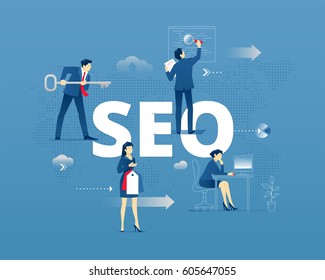 Business metaphor of of seo. Businessman and businesswoman faceless characters in action around abbreviature SEO over digital world map. Vector illustration isolated on blue background