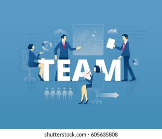 Business metaphor of team working. Businessman and businesswoman faceless characters in action around word TEAM over digital world map. Vector illustration isolated on blue background