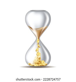 Business metaphor - time is money, hourglass with falling gold coins isolated on white background. Glass clock, finance success, patience, business capital increasing Realistic 3d vector illustration