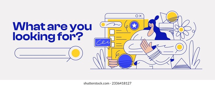 Business metaphore for search or research, development, web surfing. Trendy outline characters for web or ui design. Flat vector illustration