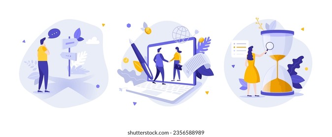Business metaphors flat concept vector illustrations set. Choose direction in business, deal and deadline concepts. Cartoon illustrations for website, mobile, presentation